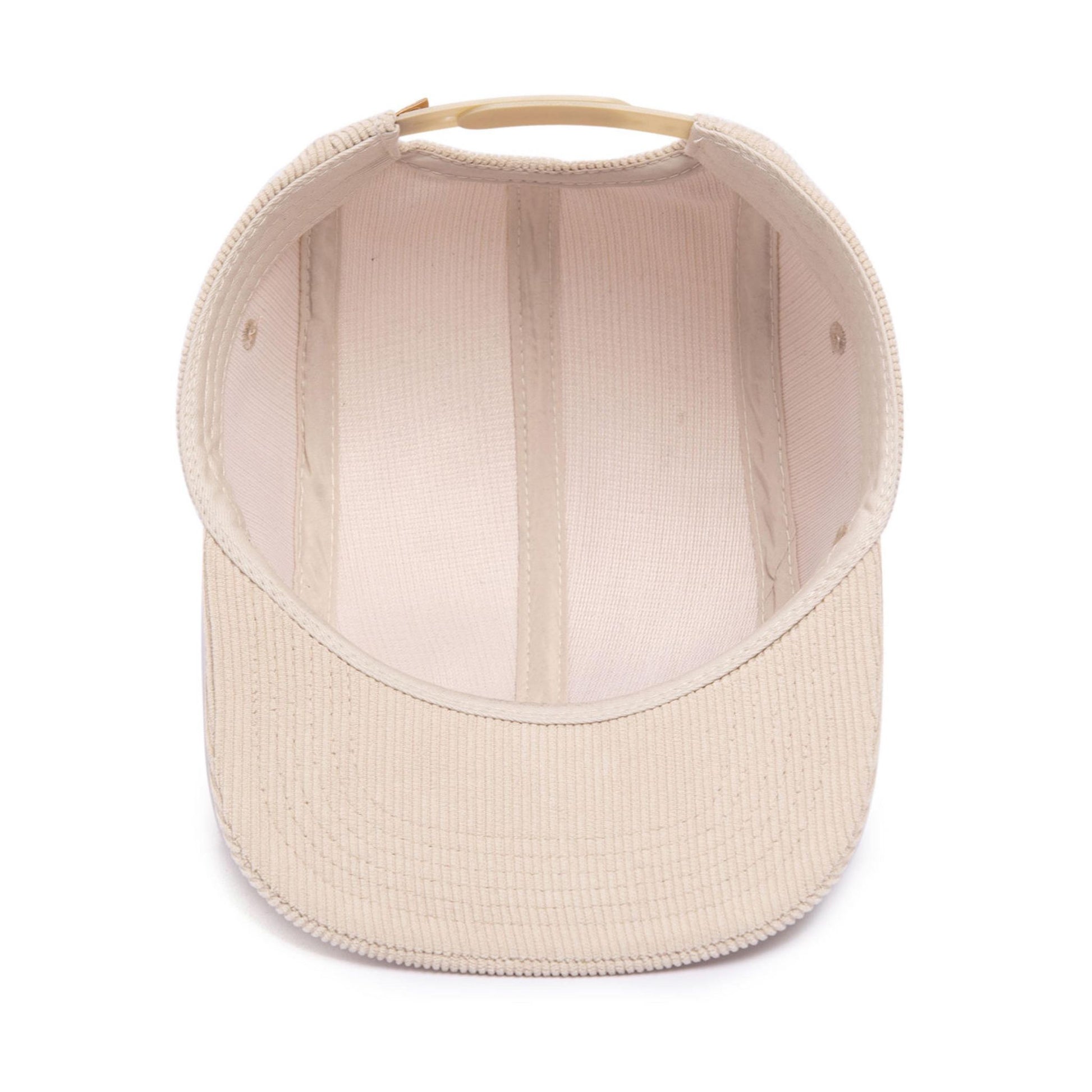 Corduroy, off white 5 panel childrens hat, inner lining for comfort,