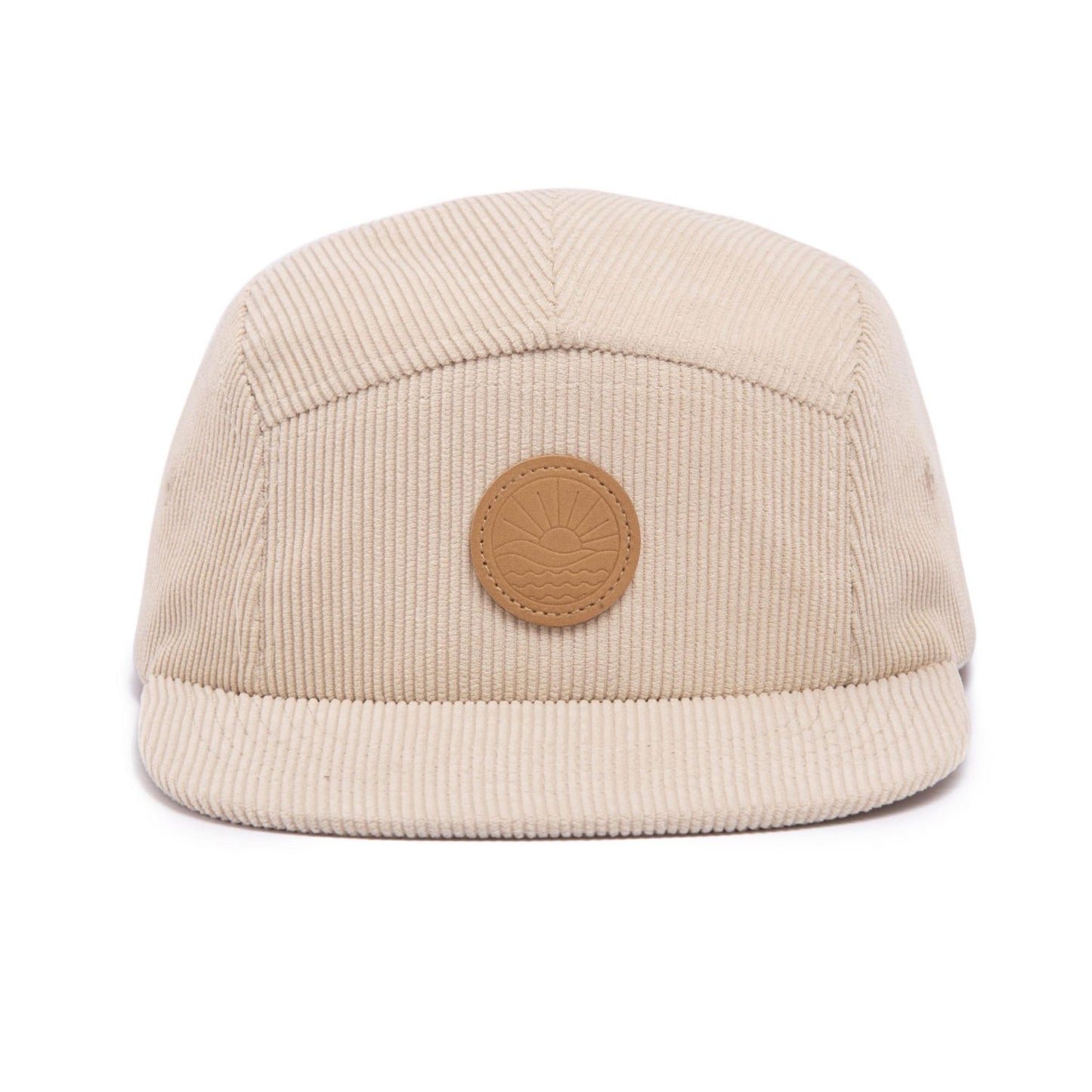 Corduroy, off white 5 panel childrens hat, structured front panel, leather logo