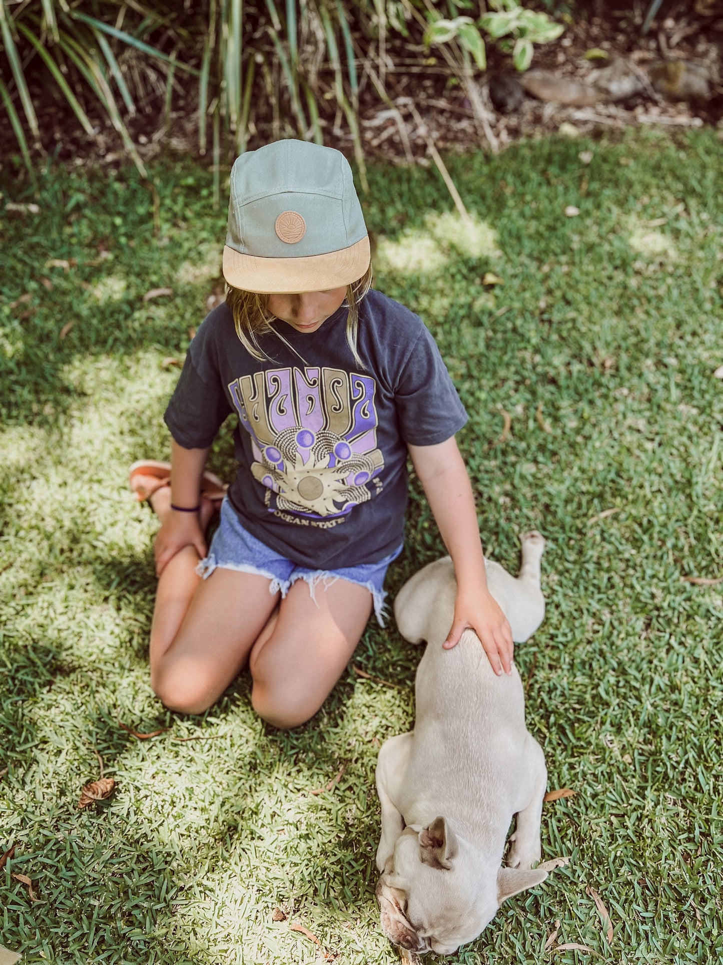 Daintree Children's 5 Panel Hat, suede brim, leather logo, sage green